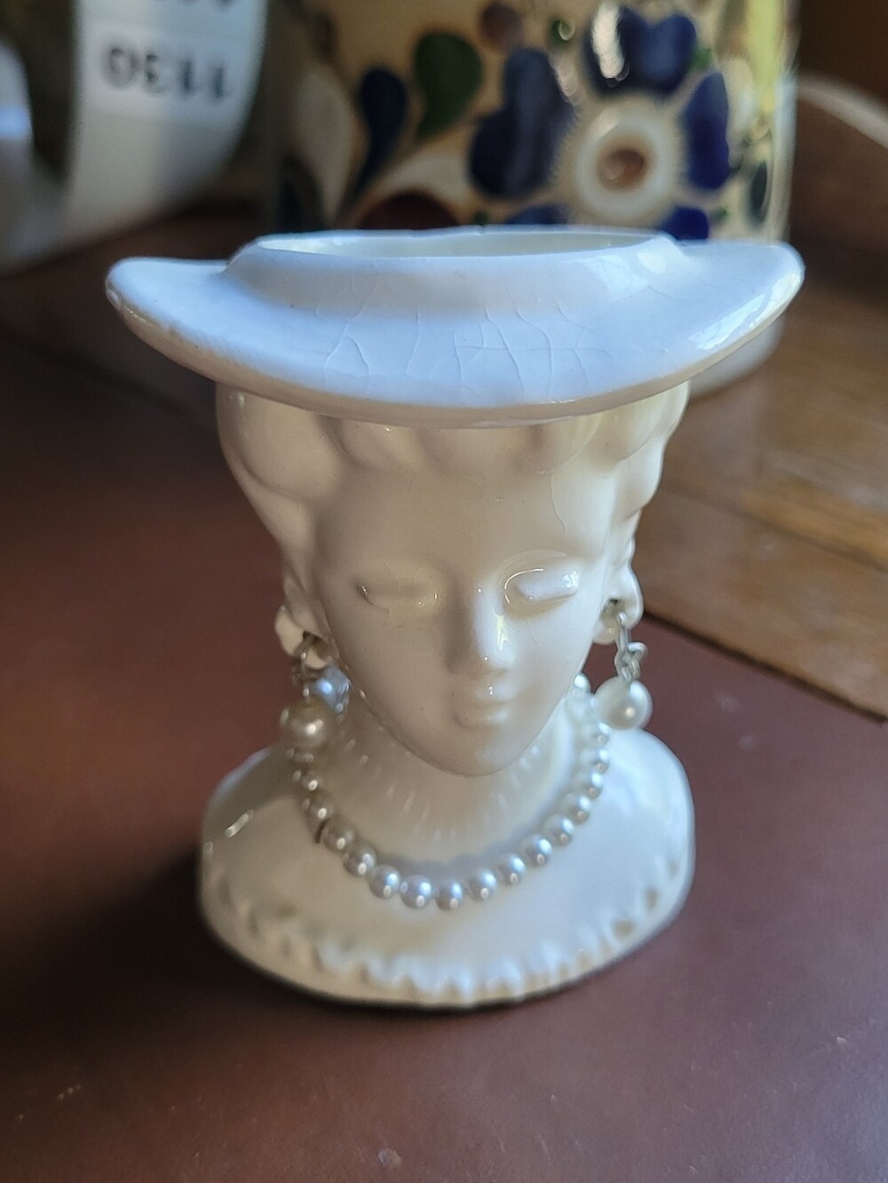 Vintage  Lady Head Vase White Porcelain w/ Faux Pearl Dangle Earring & Necklace